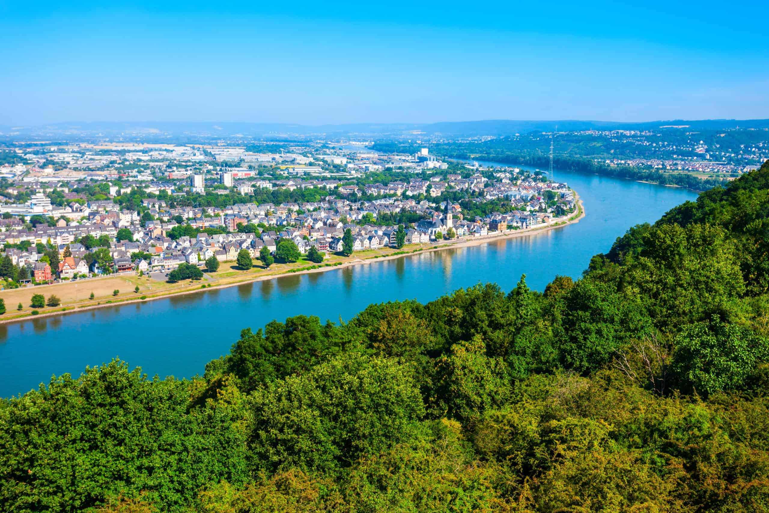 Koblenz aerial panoramic view. Koblenz is a city on the Rhine where it is joined by Moselle river.